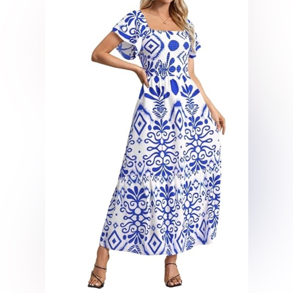 EFJONE Blue & White Allover Print Stretch Top Layer Sleeve Tiered Greek Dress XL - Picture 4 of 9